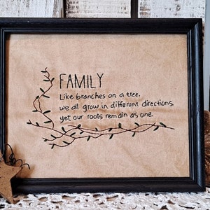 Primitive Stitchery, Family.like branches on a tree  handmade, framed stitchery, living room decor