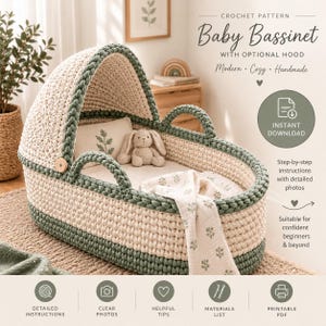 Puede incluir: Un patrón de ganchillo para un moisés de bebé con capota opcional. El texto dice Crochet Pattern Baby Bassinet with Optional Hood, Instant Download, Step-by-step instructions with detailed photos y Suitable for confident beginners.