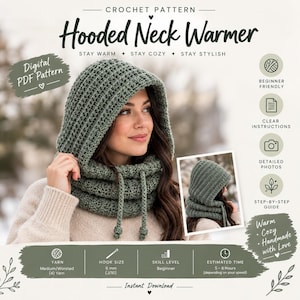 May include: A sage green crochet hooded neck warmer pattern featuring a textured ribbed design with a drawstring closure. The digital PDF includes beginner-friendly instructions, detailed photos, a step-by-step guide, and specifies a 6 mm hook size.