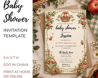 May include: A 5 inch by 7 inch baby shower invitation template featuring a cream background with a green gingham border, red apple illustrations, and baskets. The text reads: Please join us for a baby shower in honor of Jessica, our little apple of our eye.