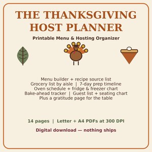 Thanksgiving Menu Planner Printable | Holiday Host Checklist Menu Grocery List Timeline | Fall Dinner Party Planning