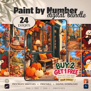 May include: A digital bundle of 24 paint by number pages featuring autumn scenes with ghosts, pumpkins, and cosy storefronts. The text reads Paint by Number digital bundle, 24 pages, BUY 2 GET 1 FREE, and PROCREATE SWATCHES, PRINTABLE, DIGITAL DOWNLOAD.