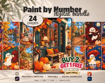 Könnte beinhalten: Ein digitales Paket mit 24 Malen-nach-Zahlen-Seiten mit Herbstszenen, Geistern, Kürbissen und gemütlichen Ladenfronten. Der Text lautet Paint by Number digital bundle, 24 pages, BUY 2 GET 1 FREE, PROCREATE SWATCHES, PRINTABLE, DIGITAL DOWNLOAD.