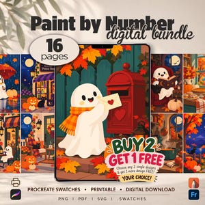 May include: A digital paint by number bundle featuring 16 pages of autumn-themed illustrations with ghosts, pumpkins, and fall foliage. The text reads Paint by Number digital bundle, 16 pages, BUY 2 GET 1 FREE, and PROCREATE SWATCHES.