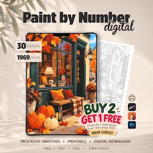 May include: A digital paint by number set featuring an autumn storefront scene with pumpkins, a bench, and fall foliage. The image includes text stating 30 colours, 1969 zones, and Buy 2 Get 1 Free. The file formats listed are PNG, PDF, SVG, and .swatches.