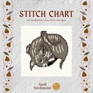 Może przedstawiać: Wzór do haftu i ściegu krzyżykowego przedstawiający spikselowanego szarego kota zwiniętego w kłębek. Tekst brzmi STITCH CHART for needlepoint, cross stitch, and more, z Nædl Needlepoint na dole. Obramowanie zdobią brązowe pnącza z liśćmi.