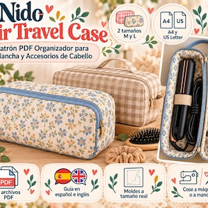 Op de afbeelding: Nido Hair Travel Case PDF-patroon voor een haaraccessoire-organizer. Inclusief twee maten M en L, A4 en US Letter formaten. De etui heeft een buitenkant van bloemen- of beige ruitjesstof, een blauwe rits en interne vakken.