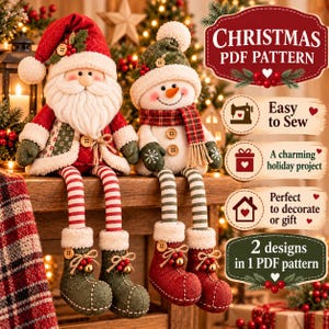 May include: A fabric Santa Claus and snowman doll set with long dangling legs, wearing festive hats, scarves, and boots. The Santa features a white beard and red coat, while the snowman has an orange nose and green hat. Text reads Christmas PDF Pattern.