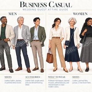 May include: An infographic titled Business Casual Wedding Guest Attire Guide featuring illustrations of four individuals in blazers and trousers, and four individuals in dresses, blouses, and skirts, with text detailing clothing, shoes, and accessories.