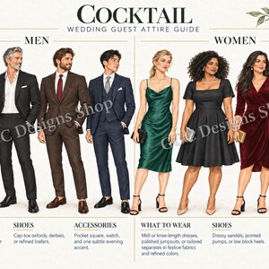 May include: A cocktail wedding guest attire guide infographic featuring four individuals in suits and four in dresses. Text includes COCKTAIL WEDDING GUEST ATTIRE GUIDE, MEN, WOMEN, WHAT TO WEAR, SHOES, and ACCESSORIES with descriptive style guidelines.