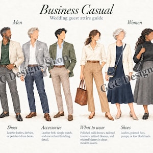 May include: An illustrated business casual wedding guest attire guide featuring eight figures in various outfits. The text includes Business Casual, Wedding guest attire guide, Men, Women, What to wear, Shoes, Accessories, and GGC Designs Shop.