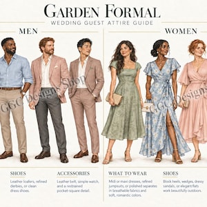 May include: A Garden Formal wedding guest attire guide featuring illustrations of four individuals in suits and four individuals in dresses. The text includes headings for Men and Women, along with lists for what to wear, shoes, and accessories.