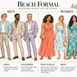 Può includere: Un'infografica intitolata Beach Formal Wedding Guest Attire Guide che presenta illustrazioni di quattro persone in abiti di lino e quattro persone in abiti, con descrizioni testuali per abbigliamento, scarpe e accessori per ogni categoria.