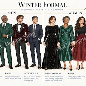 May include: A Winter Formal wedding guest attire guide infographic featuring illustrations of four individuals in suits and four in dresses, with text labels for clothing, shoes, and accessories, including the text GGC Designs Shop.