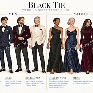 以下が含まれることがあります： ブラックタイの結婚式ゲスト向け服装ガイド。タキシード姿の4人とイブニングドレス姿の4人のイラストが描かれています。テキストには男性用と女性用の見出しがあり、服装、靴、アクセサリーのカテゴリーが記載されています。