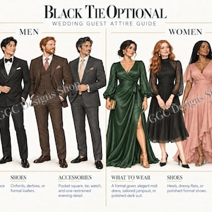 May include: An infographic titled Black Tie Optional Wedding Guest Attire Guide displaying four individuals in formal suits and four individuals in formal dresses and jumpsuits, with text descriptions for clothing, shoes, and accessories.