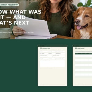 Planificador imprimible para el seguimiento de reclamaciones de seguros para mascotas, organizador de reembolsos y seguimiento de facturas veterinarias, registro de pólizas y documentos, formato PDF A4 (carta estadounidense).