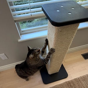 May include: A tall cat scratching post featuring a square black base and a matching black top platform. The central vertical column is wrapped in thick, light beige sisal rope, providing a textured surface for scratching and climbing activities.