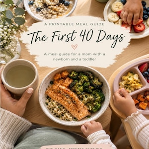May include: A printable meal guide titled The First 40 Days, featuring text A meal guide for a mom with a newborn and a toddler, and One-hand, freezer-friendly, toddler portions. The cover displays bowls of salmon, broccoli, and fruit.