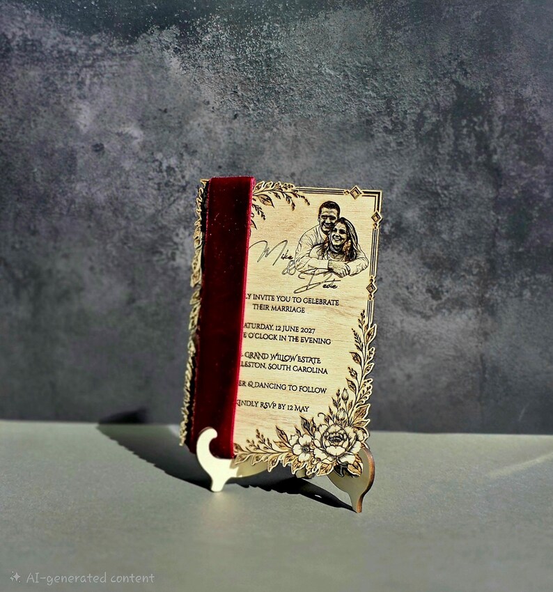 May include: A rectangular wooden wedding invitation featuring a laser-engraved portrait of a couple, floral borders, and text reading Mike & Sadie, invite you to celebrate their marriage, Saturday, 12 June 2027, at 5 o'clock in the evening, Grand Willow Estate, Charleston, South Carolina, dinner & dancing to follow, kindly RSVP by 12 May, accented with a deep red velvet ribbon.
