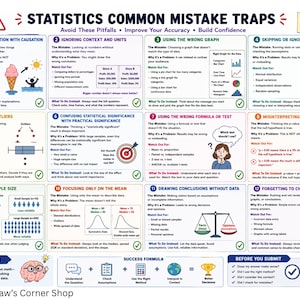 Può includere: Un'infografica educativa intitolata Statistics Common Mistake Traps, che presenta dodici sezioni numerate con testo e illustrazioni che spiegano gli errori statistici, una formula per il successo e un promemoria di Bradshaw's Corner Shop.
