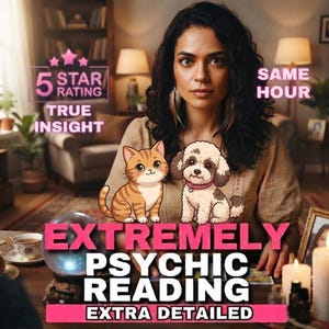 Può includere: Una persona con capelli scuri ondulati siede a un tavolo con una sfera di cristallo, candele e tarocchi. Elementi grafici includono un gatto e un cane in stile cartoon e il testo 5 STAR RATING, TRUE INSIGHT, SAME HOUR, EXTREMELY PSYCHIC READING.