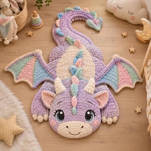 May include: A large, crocheted dragon rug in shades of lavender, cream, mint green, and soft pink. The dragon features a long, curved tail, two outstretched wings, small horns, and large, dark eyes with a smiling mouth expression.