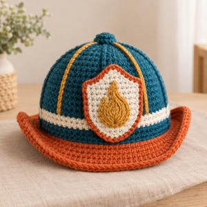 May include: A teal crochet hat designed to resemble a firefighter helmet, featuring a wide orange brim, a white horizontal stripe, and a central white shield emblem with a yellow flame motif. The hat is constructed with visible yarn stitches.