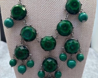 NY & Co jewerly, green bib necklace, emerald statement, silver drop necklace, teardrop cluster, chunky custome piece, gifts for her