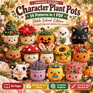 Wzory szydełkowe na Halloween w formacie PDF, 14 doniczek amigurumi na Halloween, kolekcja wzorów szydełkowych dla początkujących