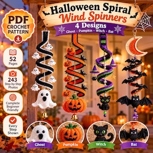 4 Halloween Wind Spinner Crochet Pattern PDF, Ghost Pumpkin Witch Bat, Spiral Hanging Decor, Step-by-Step Friendly Instruction