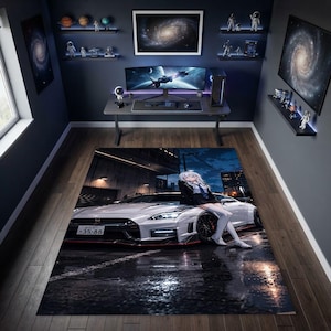 May include: A rectangular area rug featuring a high-resolution print of a white sports car parked on a wet asphalt street at night. An anime-style character with white hair sits on the bonnet of the car, which displays a number plate reading 35-88.