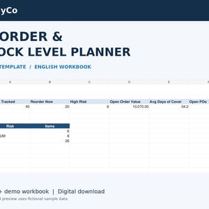 Könnte beinhalten: Eine Excel-Vorlage für einen Nachbestellungs- und Lagerbestandsplaner von OpslyCo. Die Tabelle enthält Spalten für verfolgte Artikel, Nachbestellungen, Risiken, Auftragswerte, durchschnittliche Reichweite und offene Bestellungen.
