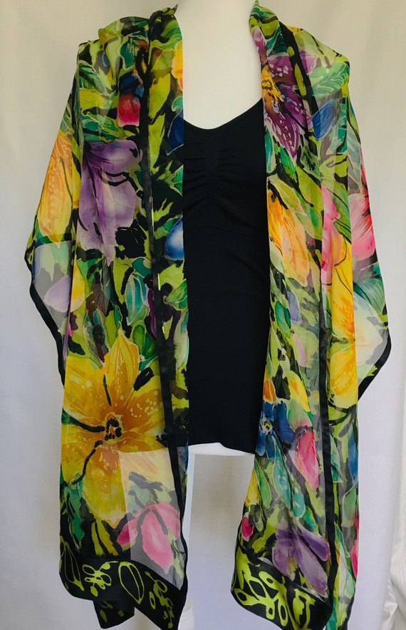 Mixed Media Chiffon Floral Wrap With Satin Trim