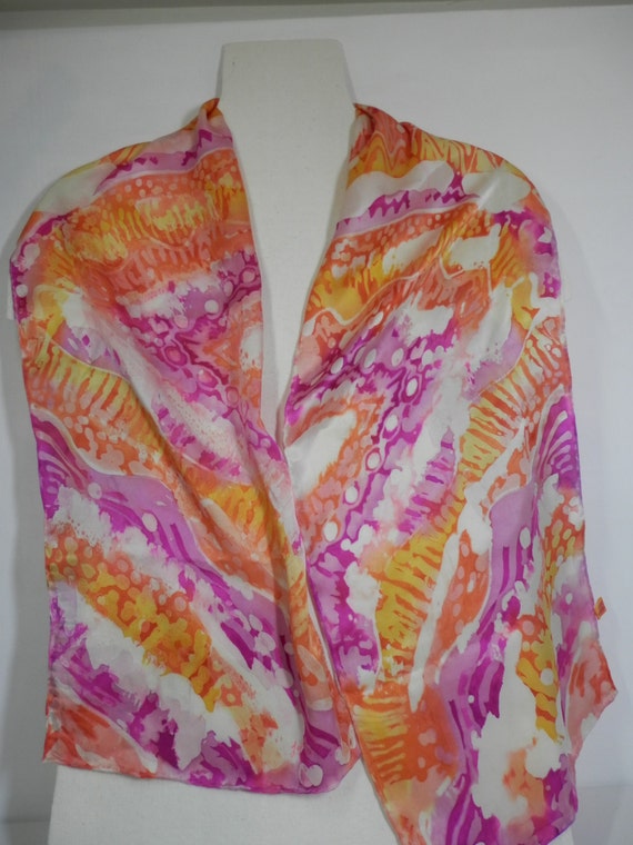 11" x 60" oblong silk satin scarf  hand painted orange coral gold  magenta pink batik abstract