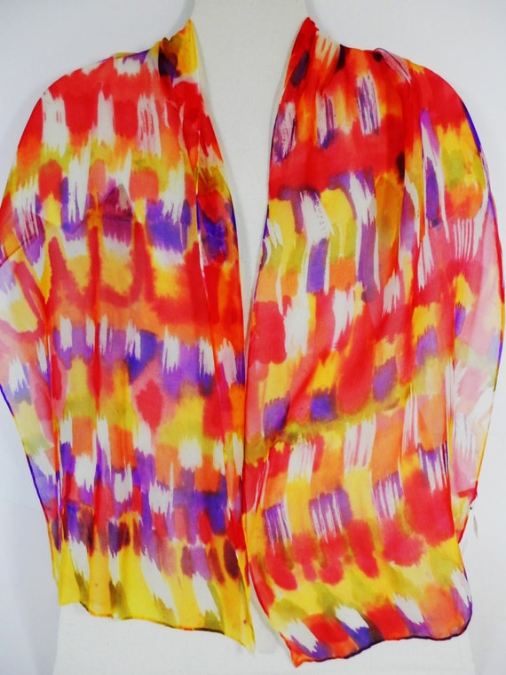 Silk Chiffon Hand Painted Long Scarf in Watercolor Warp of Coral, Tangerine, Yellow and Violet