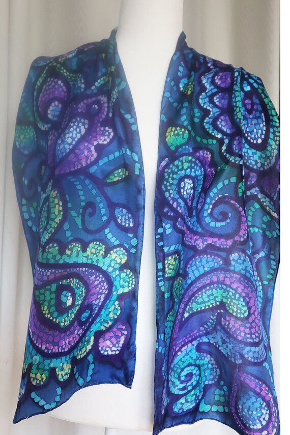 Hand painted flat crepe silk oblong 11" x60" scarf of mosaic technique paisley in blues, purples and teal