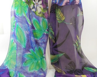 Chiffon Scarf, Hand Painted Oblong Collage Silk 90" x 14" in Violet, Purple, Green, Black and White