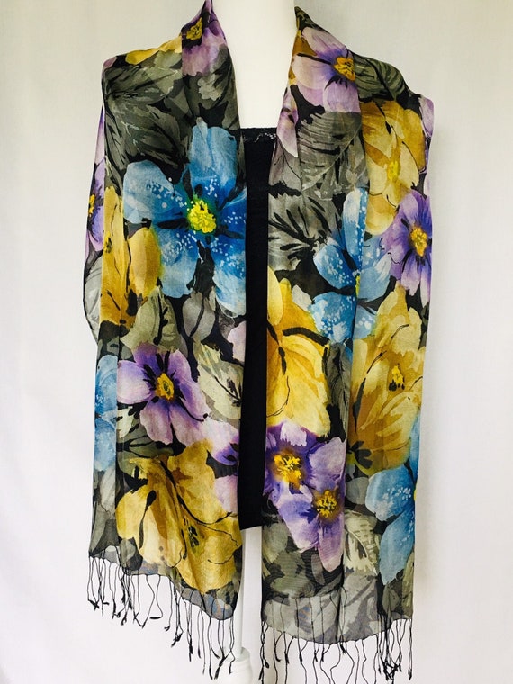 Handpainted Silk Floral Wrap, Scarf, In Greys, Blue, Gold, Lavender and Black