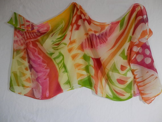 Hand painted silk georgette 24"x72"inch floral batik oblong wrap in coral, pink, golden yellow,and lime