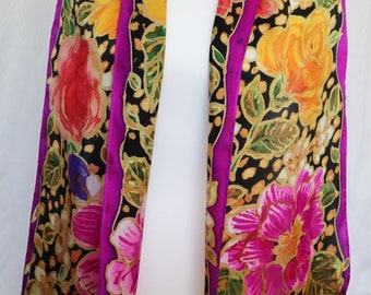 Hand Painted Silk Magenta Floral on Silk Satin 11"x 60" Oblong Scarf