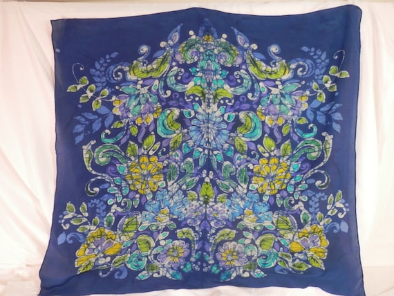 36 in square hand painted batik silk crepe scarf in blue, lime and turquiose