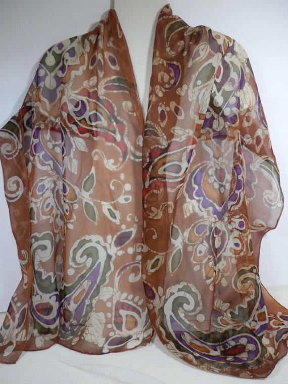 Chiffon Scarf, Hand Painted Batik Silk Chiffon Paisley in Warm Neutrals of Camel, Cream, Olive, Wine, and Rust