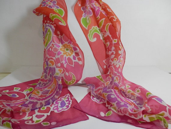 Chiffon Silk ,Hand Painted Paisley in Coral, Pink, Orange with Tonal Hombre Background