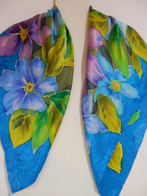 36" Silk Charmeuse Square Scarf Floral in Blues, Turquoise, Olive Green, Purple and Lime