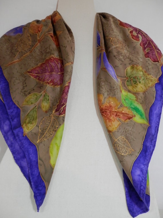 36" Silk Charmeuse Square Autumn Leaves Scarf With Camel Textured Background and Purple Edge Border
