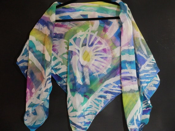 Hand painted silk  chiffon 44" square scarf abstract in turquoise, green, lavender and blues