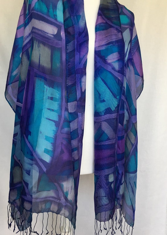 Handpainted Silk Fringe Wrap with Abstract Geometric Design in Blues, Lavenders and Turqs