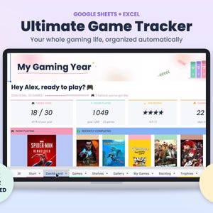 Könnte beinhalten: Ein digitaler Ultimate Game Tracker für Google Sheets und Excel auf einem Bildschirm. Die Benutzeroberfläche zeigt ein My Gaming Year Dashboard mit Spielstatistiken, Fortschrittsbalken, Spielcovern, 24 Registerkarten und einem Dunkelmodus.