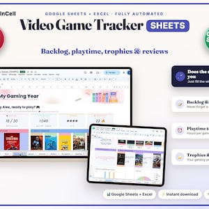 Peut inclure: Un tableur numérique de suivi de jeux vidéo pour Google Sheets et Excel. L'interface affiche un tableau de bord de jeu avec des statistiques, des jaquettes de jeux et des barres de progression. Texte : BestInCell, Video Game Tracker.